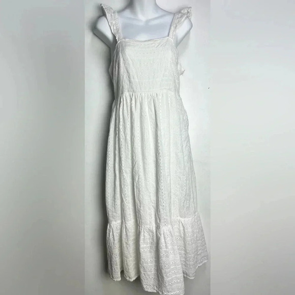 In-Loom Eyelet Lace Smocked Pale Blue Midi Dress Women's - Picture 6 of 7